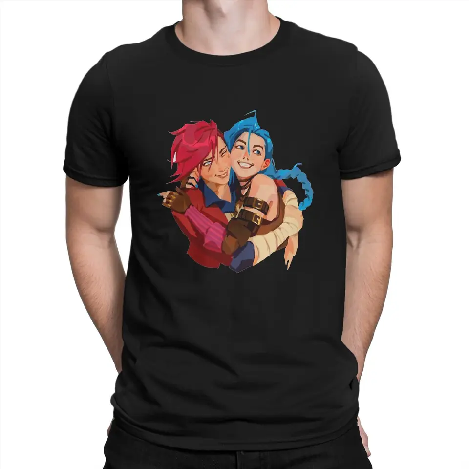 Jinx & VI Tričká Men Arcane League of Legends Lol Game Fľaša bavlnené odpaliská Round Golier s krátkym rukávom tričko tlačené oblečenie