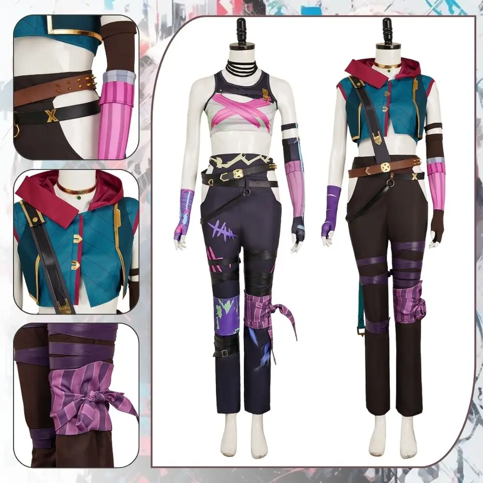 Jinx Arcane Cosplay Fantasia Kostým prášok Jinx Masguise Top Pants Belt Roleplay Outfits ženský halloween karnevalový oblek