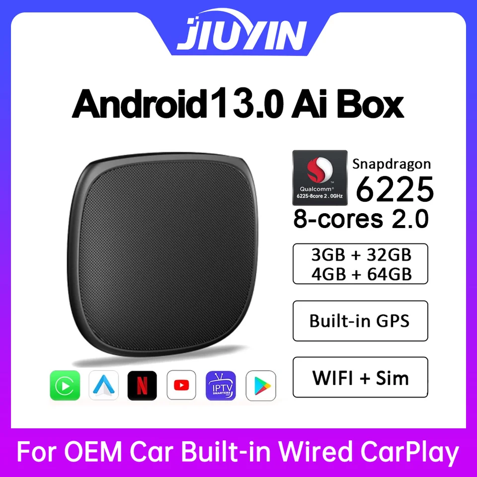 Jiuyin CarPlay AI Box Qualcomm 6225 8-jadrová CPU Android 13.0 Wireless CarPlay Android Auto pre Toyota Volvo VW Kia Benz Mg