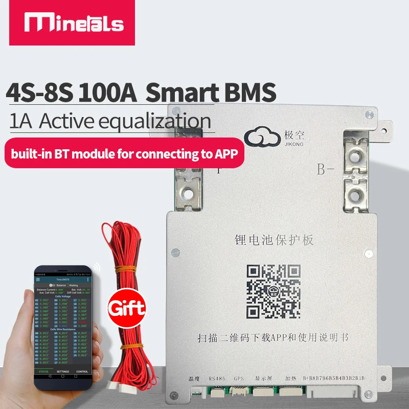JK BMS 4S 5S 6S 7S 8S 100A SMART ACTION ECISTIZIZÁCIA12V 24V BMS BMS Bluetooth App Active Balance