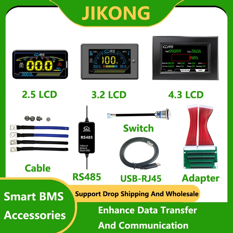 JK BMS príslušenstvo Smart Display Display LifePo4 Battery RS485 Adaptér Spínač 3,2 4,3 palca LCD inteligentné káble