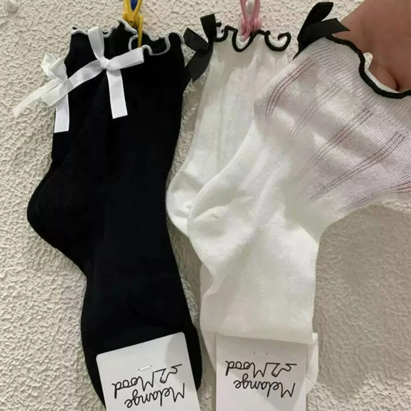 JK japonský štýl sladké Bowknot Mid Tube ponožky pre ženy Summer priedušná sieťová trubica ponožky dievčenské baletné balet zadné päty ponožky posádky posádky