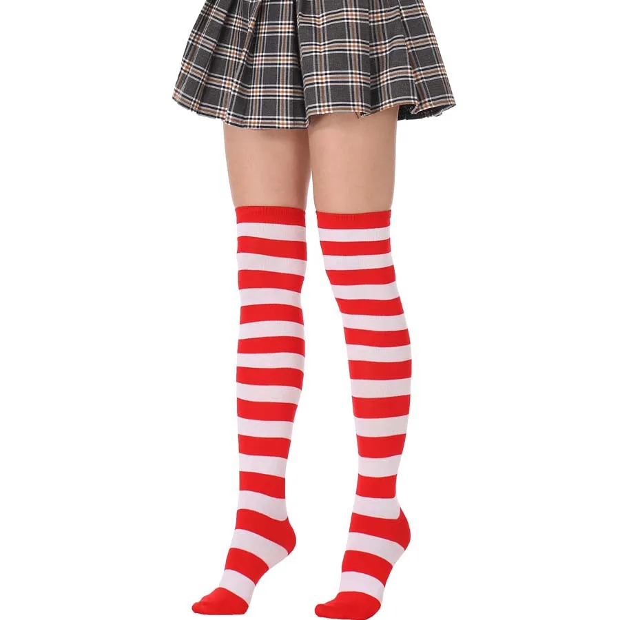 JK žena cosplay pančuchy červené biele prúžky lolita dlhé ponožky nad kolenným stehnom vysoké ponožky Dámske kompresné ponožky