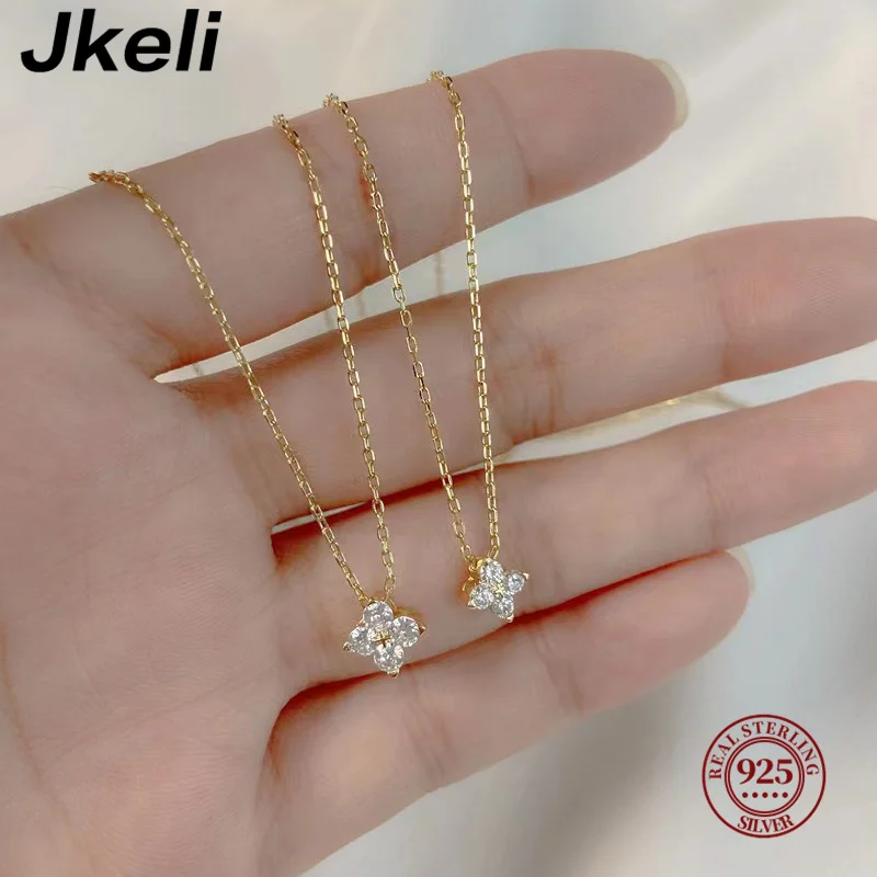 JKeli 100% 925 Sterling Silver Super Flash Štyri zirkónové náhrdelník pre ženy jednoduché Zlaté strieborné farebné reťazové klenoty šperky