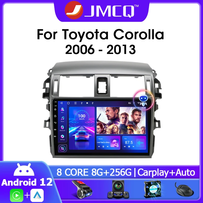 JMCQ Android 12 2DIN CAR RADIO pre Toyota Corolla E140 E150 2006 2006-2013 Navigácia GPS Multimedia Video Player Stereo CarPlay