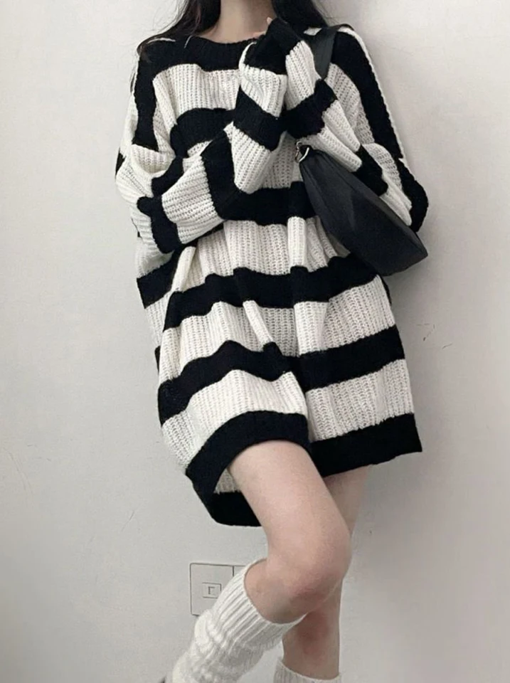 JMPRS Y2K pruhované svetre Ženy Gothic Loose Punk Pittted Squers Streetwear Harajuku s dlhým rukávom Vintage Lady Pullovs Topy