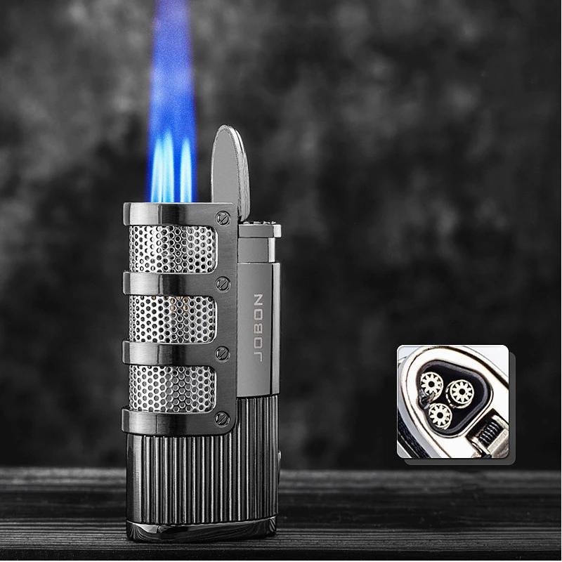 Jobon Metal Outdoor Windproof Butane Plyn ľahší Blue Flame 3 Torbo rovný turbodúchadlo Cigar Cigighter Ciger Cutor Pánsky darček