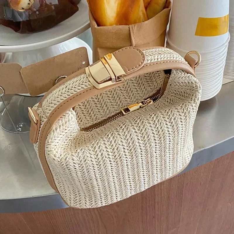 Jogodlns leto malá slama kabelka Trendy taška na rameno tkané vedro Crossbody taška Príležitostná plážová taška Gilrs rukoväť tote tote