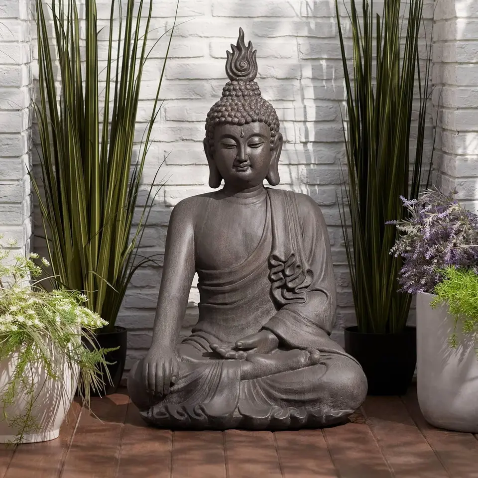 John Timberland Veľký vysoký sediaci Buddha socha socha zen ázijská japonská záhrada dekor vnútorná vonkajšia predná veranda terasa