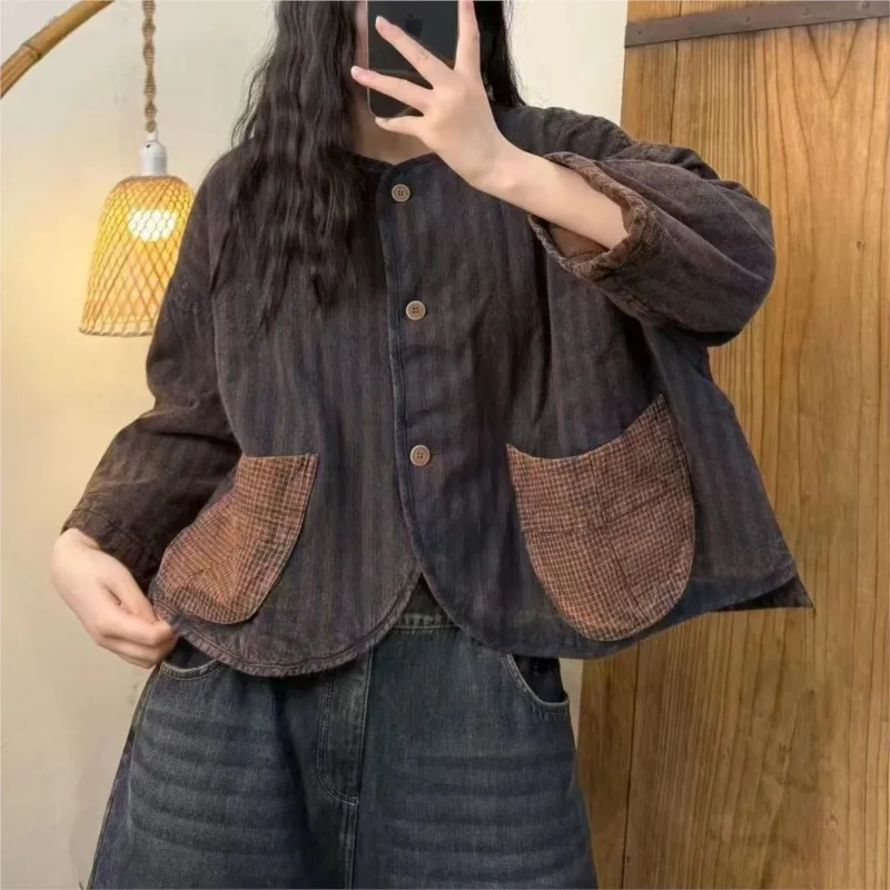 Johnature 2024 Žena Zimná nová vintage štýl Príležitostné retro rukávy Parky módne mriežky voľné single Breasted Parkas