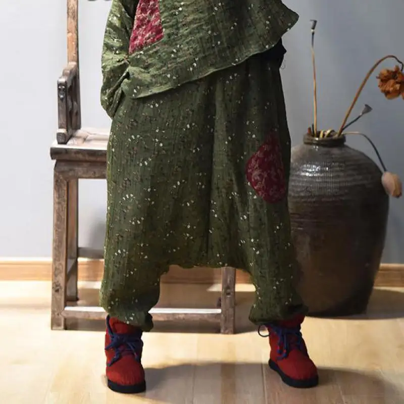Johnature Harem Pants Dámske oblečenie Vintage nohavice Patchwork Príležitostné voľné elastické pásové obložené voľnočasové struky Cross-Pants