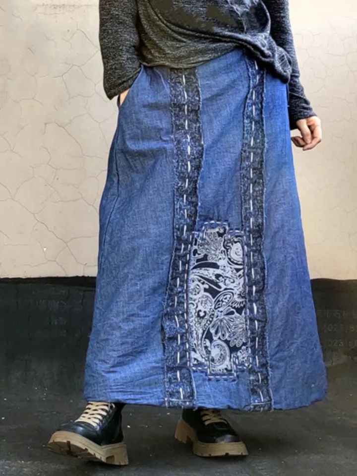 Johnature Women Vintage Plus bavlnené sukne výšivky džínsoviny Denim Cotton Mäkké oblečenie 2024 Zimný elastický pás Čínsky štýl sukne