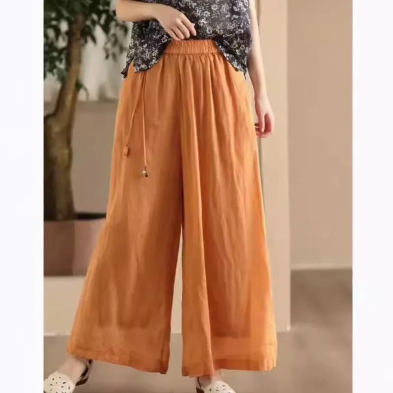 Johnature Women Vintage Ramie Wide nohy nohavice Spevná farba 2024 leto Nové elastické pásy nohavice voľné ležérne nohavice