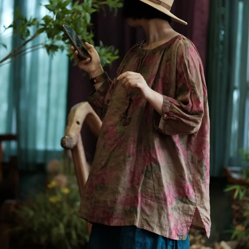 Johnature Women Vintage tlač kvetinové tričká gombíka s dlhým rukávom O-krtáč 2024 Jeseň Nový čínsky štýl Čínsky štýl Tričko