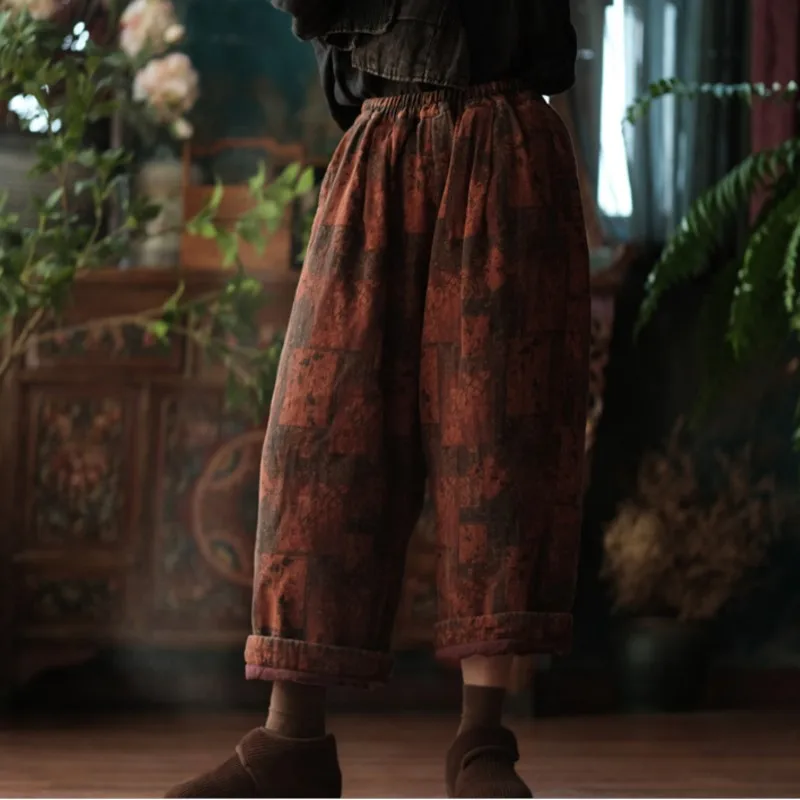 Johnature Women Winter Warm Wirle nohavice Tlač kvetinovým elastickým pásom plus bavlnená nohavice 2024 Nové vintage ženy dlhé nohavice