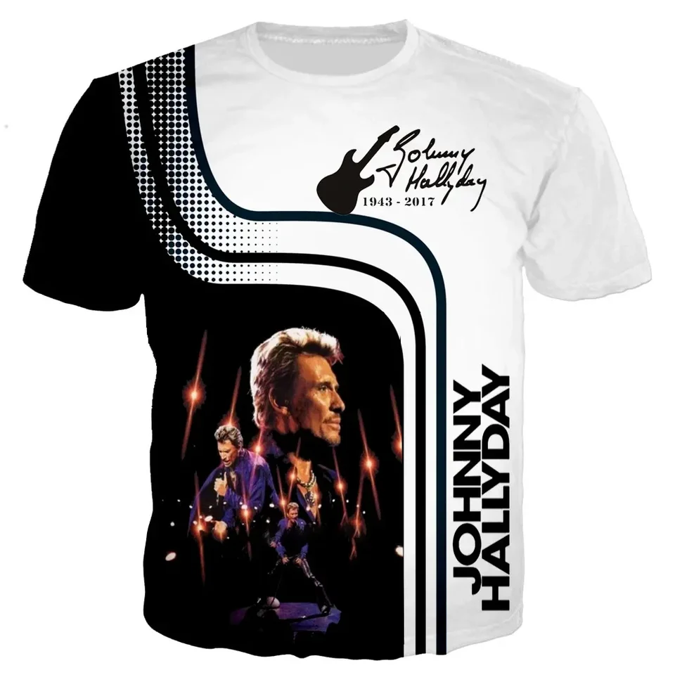 Johnny Hallyday 3D tlačené mužské a dámske tričká, ulica Harajuku, ležérne oblečenie s krátkym rukávom, nadrozmerné top, nový pár