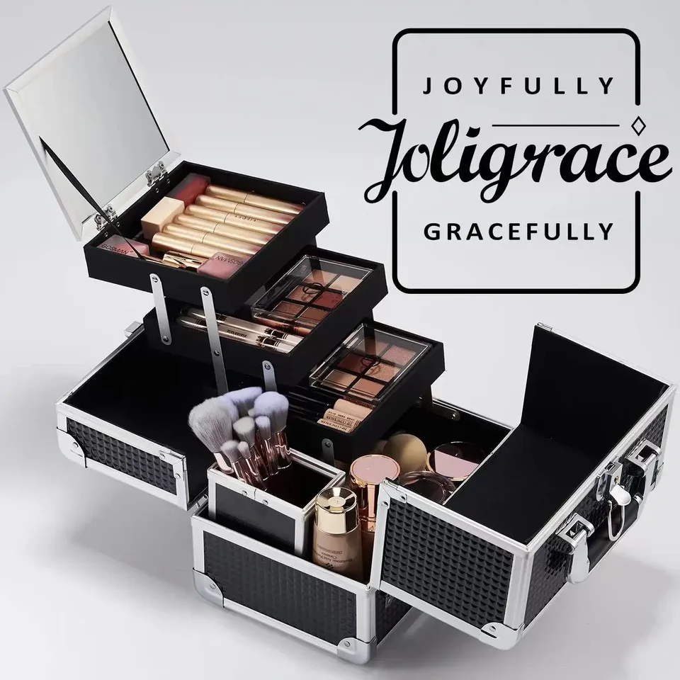 JOLIGRACE profesionálny make -up kufr prenosný veľkú kapacitu make -up krabice s kozmetickými kefami držiak na zrkadlo zamknuté