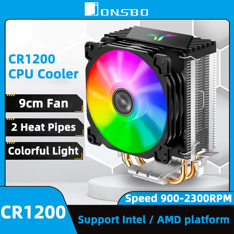 JONSBO CR1200 CULER COUNER 2 Tepelný procesorový procesor chladiča 9cm RGB farebný svetlo efekt CPU chladiaci ventilátor pre LGA775/115X/AM4/AM3