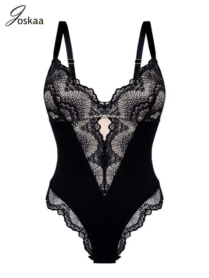 Joskaa Sexy čipka Patchwork BodySuits Ženy V-krčku bruško trojuholníka Shapewear 2024 letná móda One Piece Body Shaper