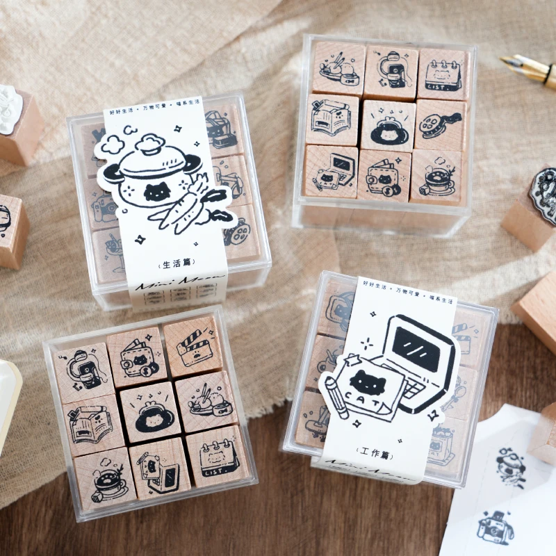 Journal Go 9pcs/Set Cute malá mačka dekorácia pečiatka retro drevené gumové pečiatky pre scrapbooking koláž nezdravé denník Card DIY