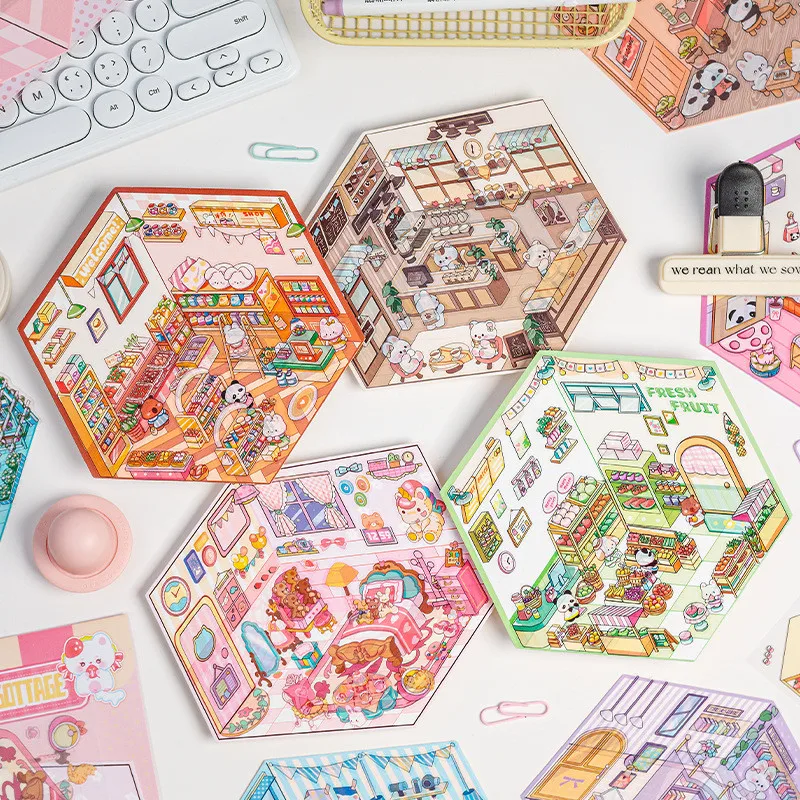 JourNAMM 2KS/Pack Cartoon Miniatúrne nálepky na scénu krajinné nálepky 3D stereoskopické chatrče ručný stan Kawaii detské nálepky