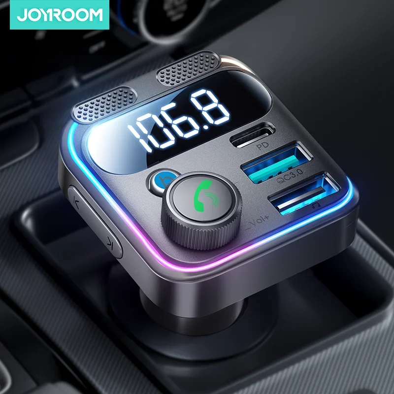 Joyroom Bluetooth 5.3 CAR FM vysielač 48 W PD QC3.0 Adaptér na nabíjačku s bez ruky na nabíjačku automobilu Bluetooth U Disk Dual MICS bass hifi stereo