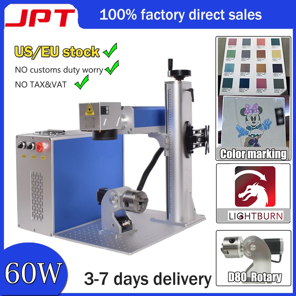 JPT M7 MOPA E2 60W Vláknitý laserový znak stroj na farbu laserového gravírovania pre kovové logo s rotačnou osou EÚ EÚ