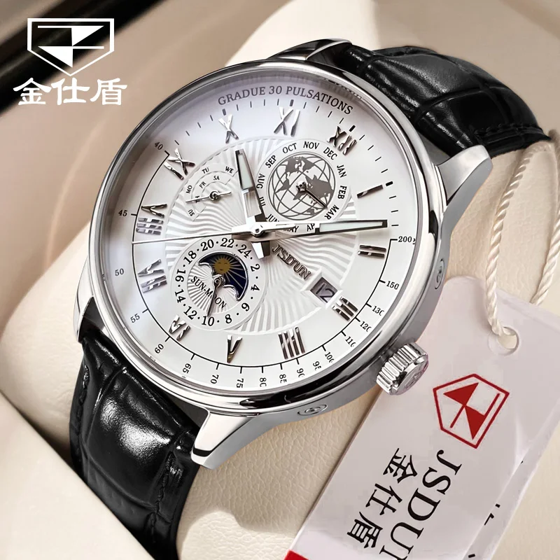 JSDun Men Mechanical Watch Top Brand Luxury Automatické hodinky kožené vodotesné športové mesačné fáza náramky rellogio maskulino