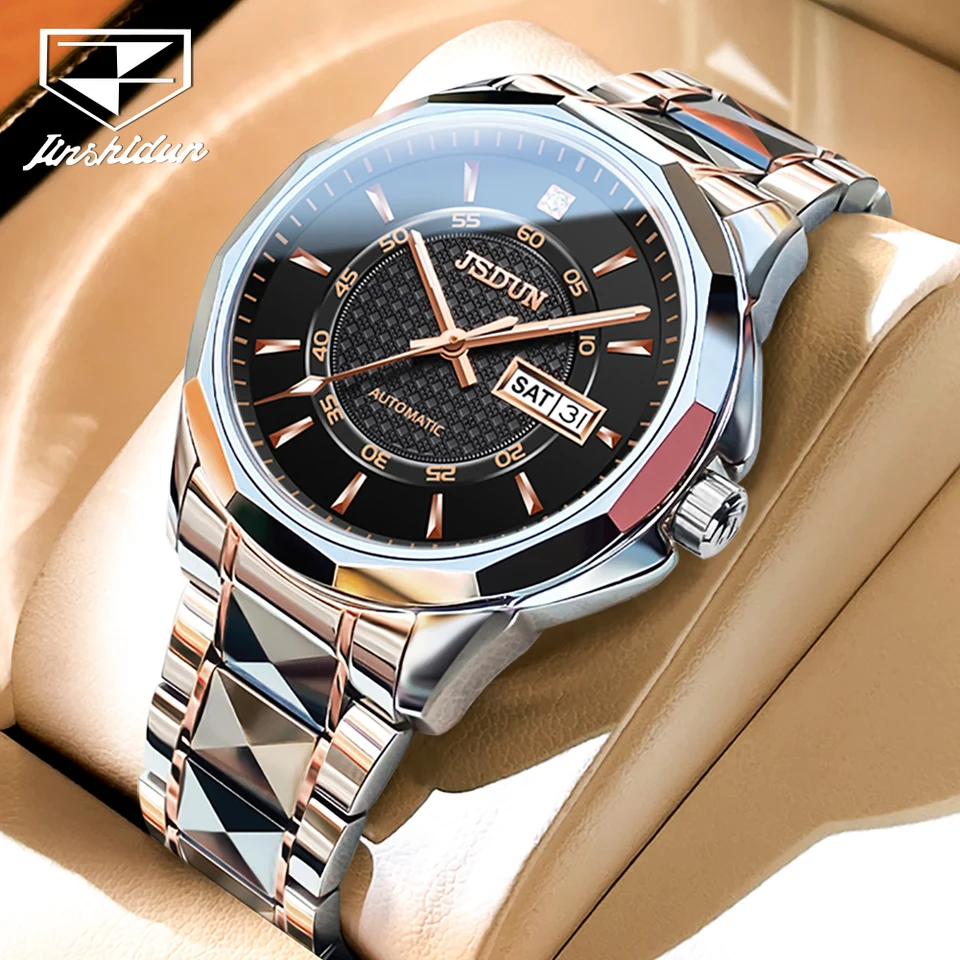 JSDUN New Tungsten Steel Mechanical Watch for Men Vysoko kvalitný vodotesný kalendár zápästie Watch Men Luxusné automatické pánske hodinky