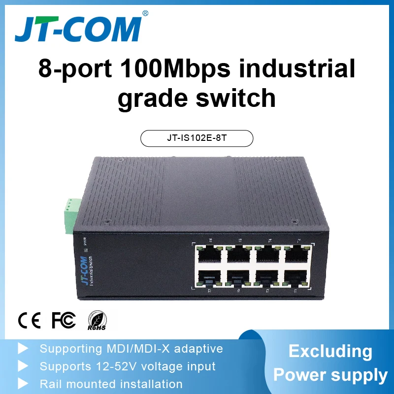 JT-COM 8-Port 100 Mbps Industrial Grade Switch.Supporting MDI/MDI-X Adaptive.8*100 MBPS RJ45 Porty