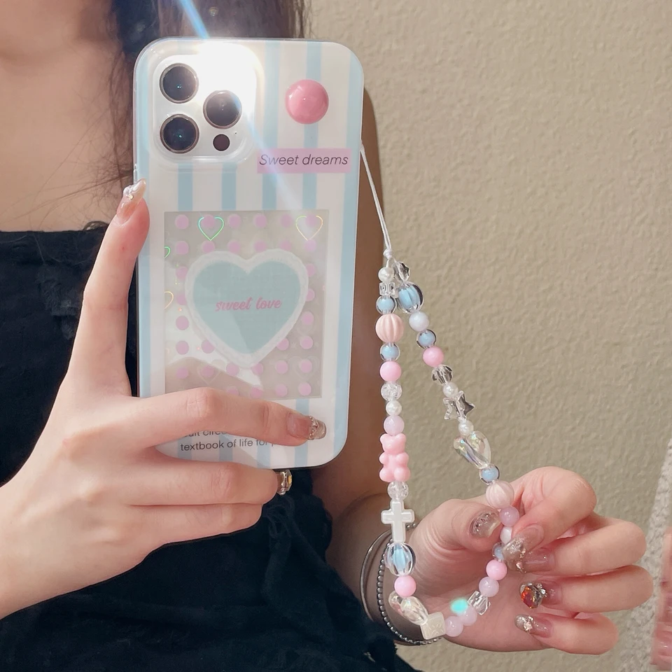 Juhokórejské dievča s srdcom pruhované polka dot milostné popruh pre iPhone 12 13 14 15Promax Nový výklenok Anti Fall Female Protective Case