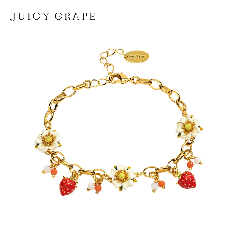 Juicygrape Strawberry and Flower Pendant Ručne vyrobený náramok s náramkom na náramok s klenotom s výškou 18K Real Gold Party a Narodeniny najlepší darček
