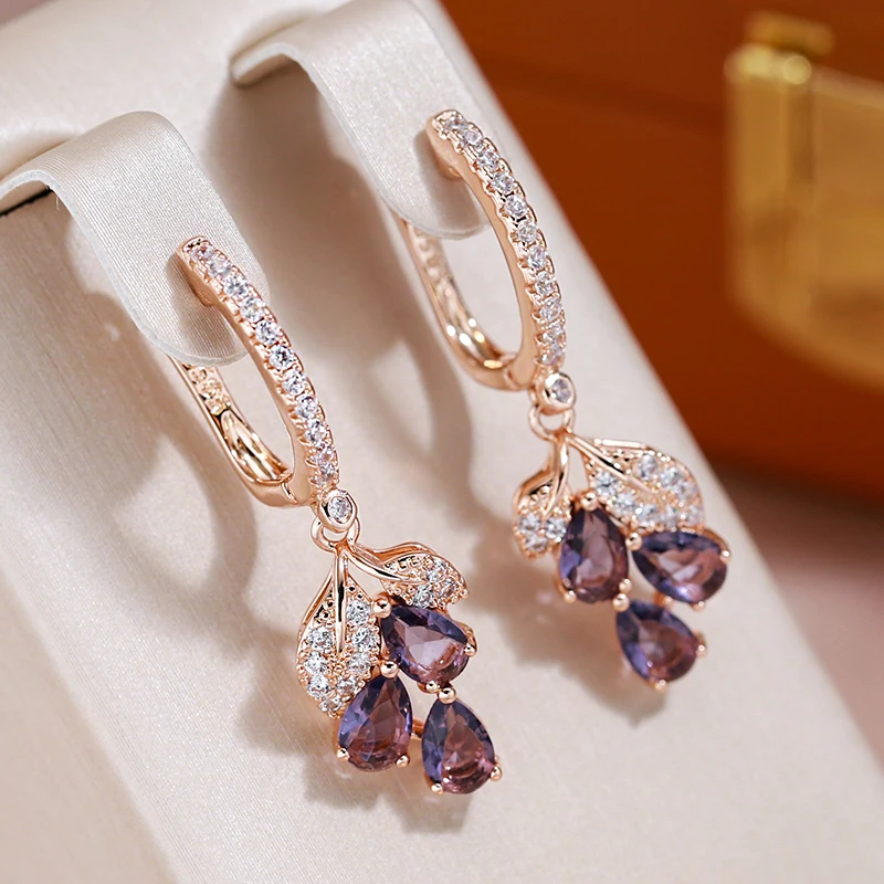 JULEDREAM LUXURY FULL Zirkón Purpurové závesné náušnice pre ženy 585 Zlatá farba Etnická svadobná šperky Vintage zápasové príslušenstvo