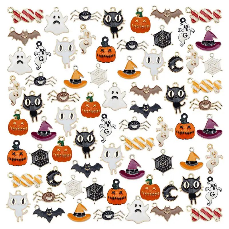 Julie Wang 18ks smalt halloween kúzla Zmiešané cukrovinky Duch pumpkin netopier pavúk mačka klobúk zliatiny Prívesok