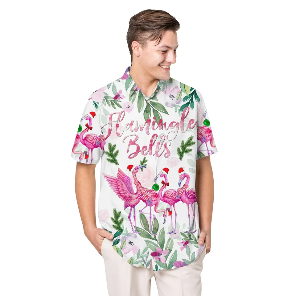 Jumast Merry Flamingo na Štedrý deň vzor Hawaiian košeľa kvetinová grafika Aloha košele tropické listy ležérne oblečenie