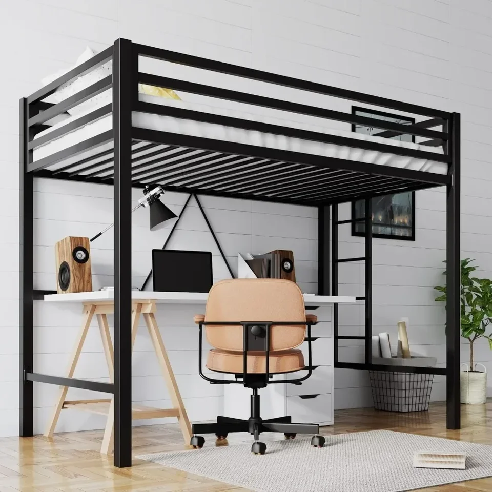 Junior podkrovie Bed Twin Heavy Duty Twin Rám s celovečernou zábradlí a odnímateľné schody, žiadna pružina v krabici, čierna posteľ