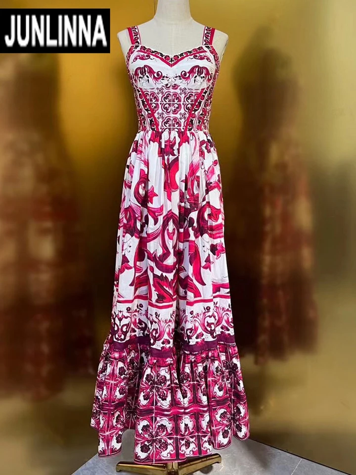 Junlinna 100% bavlnené šaty letné ženy špagety remienok Party Party Expansion Long Vestidos Lady elegantné