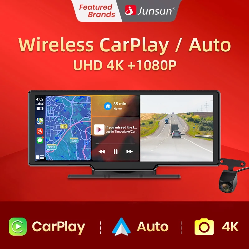 Junsun Dash Cam Camera Camera WiFi CarPlay a Android Auto 4K DVR GPS navigačné video rekordér DAULNE LEN 24H PARK AUX