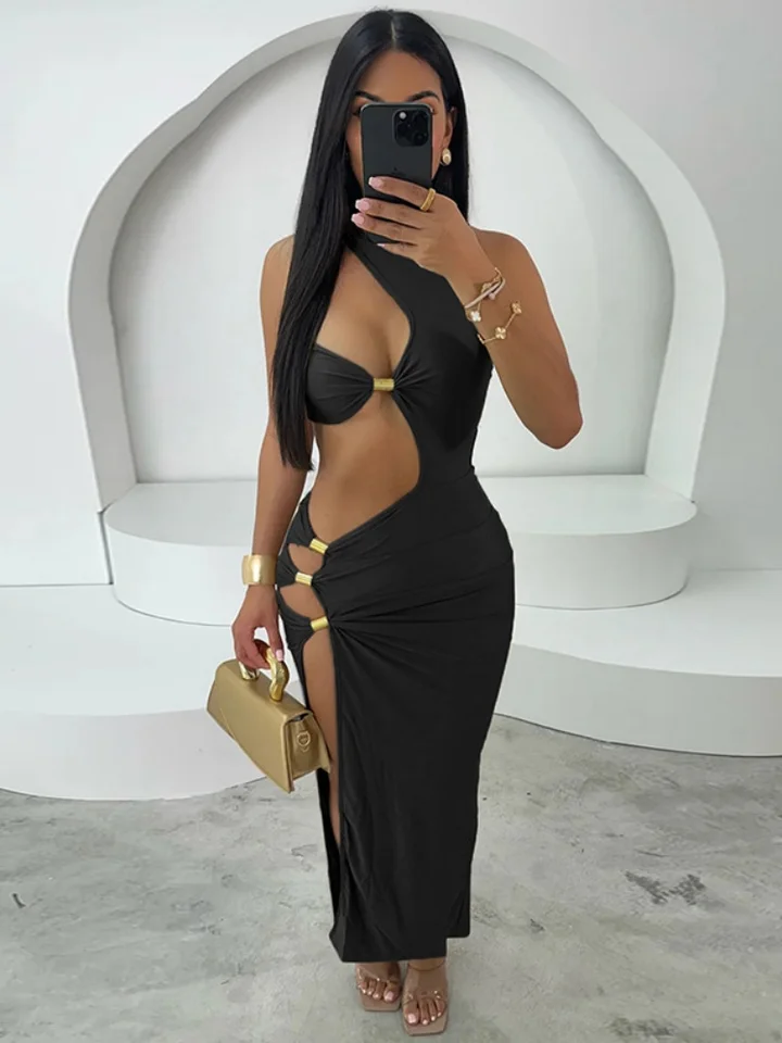 Jusahy Autumn Release Junior Ankle-Letght Sexy High Street Dress M25D63049 Girl Solid Slim Fit Cleavage Hollow Out Fashion Robe