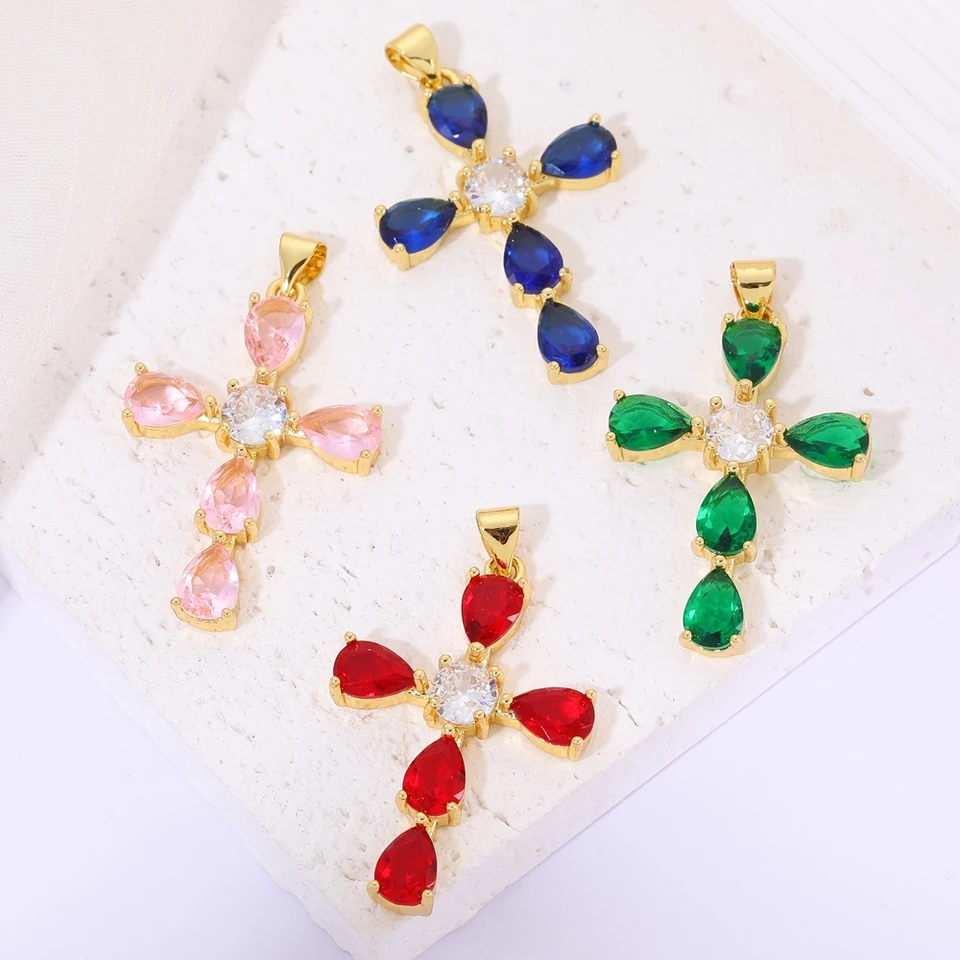 Juya 18k Real Gold -Glated Cubic zirkónia Katolícka kresťanská kríži kúzla pre DIY Náboženský prívesok ružená ružená šperky