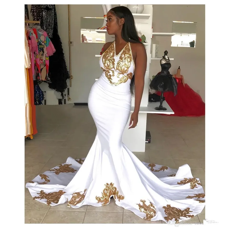 Južná Afrika Mermaid Prom Dayses halter Gold Flifred Prispôsobené večerné šaty plus veľkosť Abendkleider Cooktail Party Dress Rob