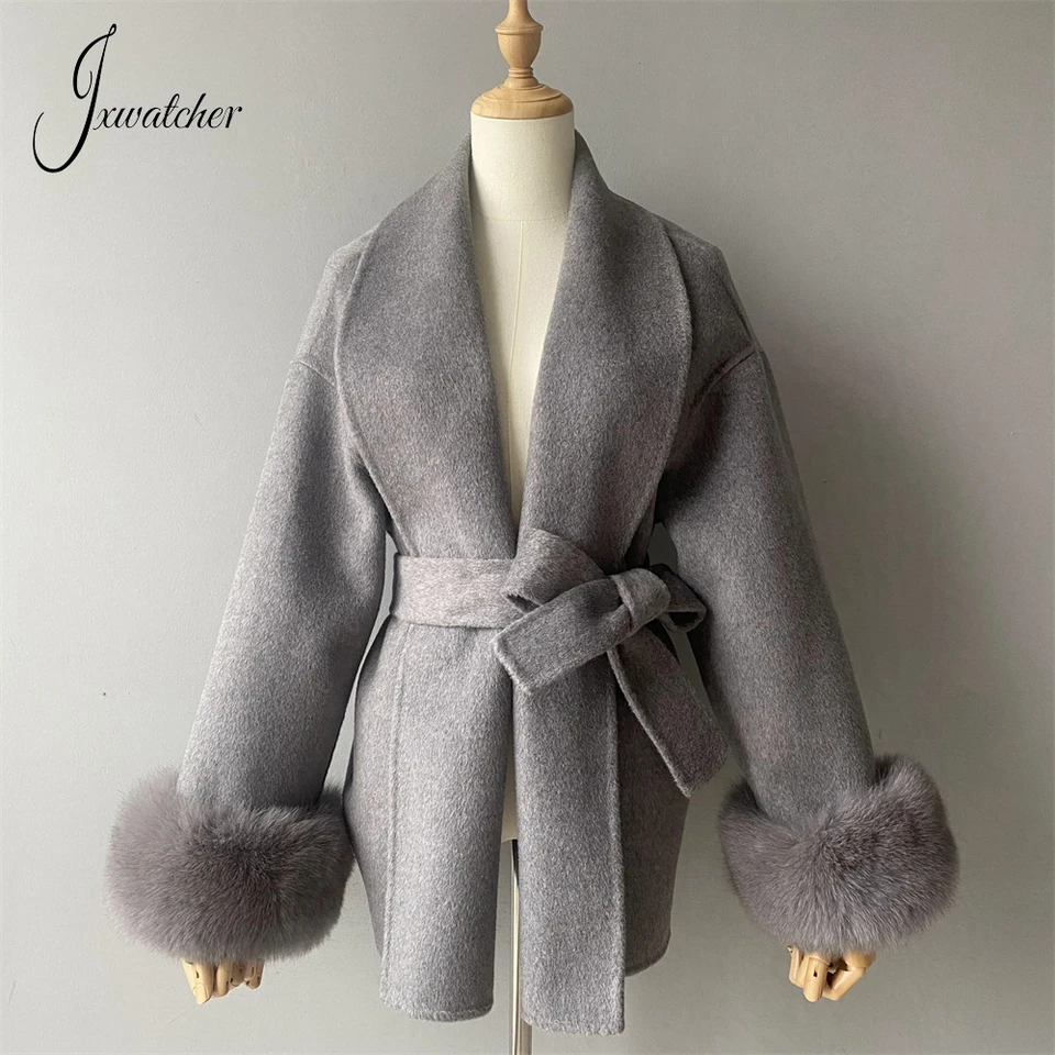 Jxwatcher Dámsky vlnený kabát so skutočnými líškami kožušiny Lady Elegance Belt Slim Outerwear Fall Winter Winter High-end Wool Coats 2024 Nový