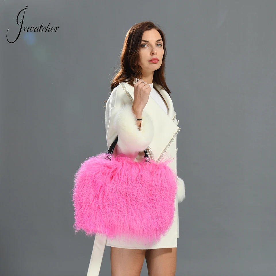 Jxwatcher Real Mongolian Fur s tašky pre ženu 2024 Nový príchod dámy Fasht Fluffy TOTE TAGE Autumn Winter Luxury Girls 'Ručné tašky