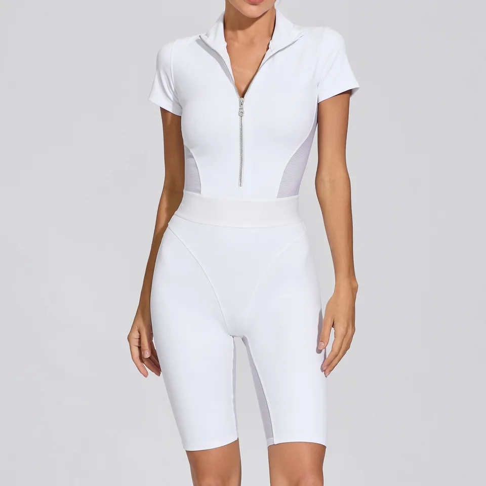 Jóga kombinézy Ženy White Patchwork predný zips s krátkym rukávom Slim Fit Slep One Piece Sport Suck Workout Fitness Stretch Roaders