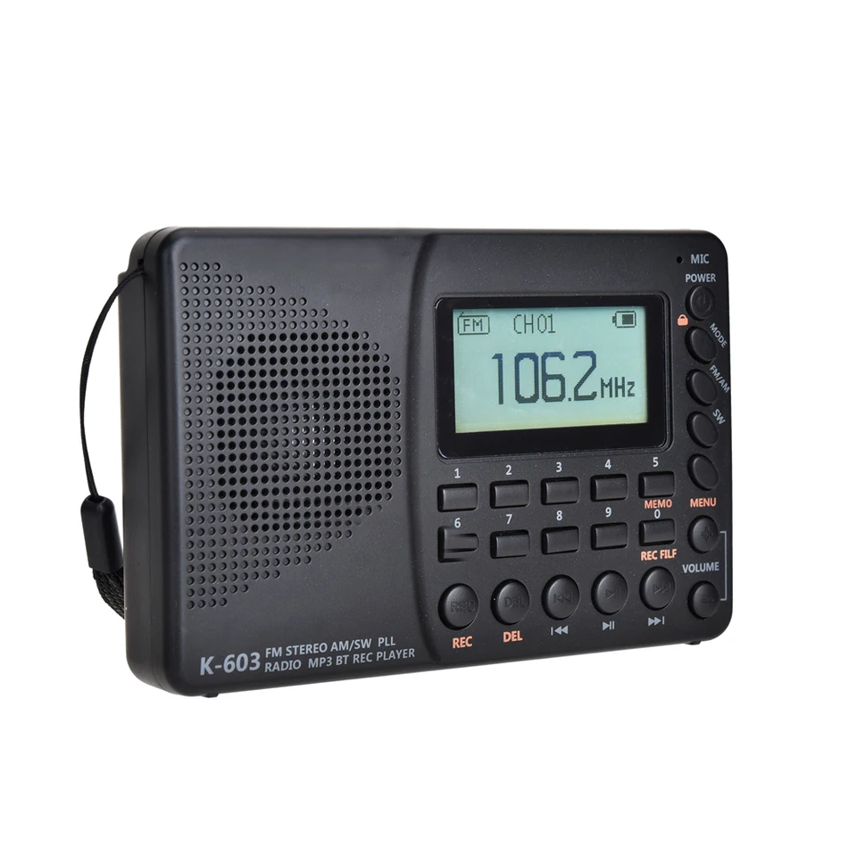 K-603 Prenosné digitálne rádio LCD displej FM Am SW Radio s BT reproduktorom napájanie pamäť funkcie módne rádio Rádio