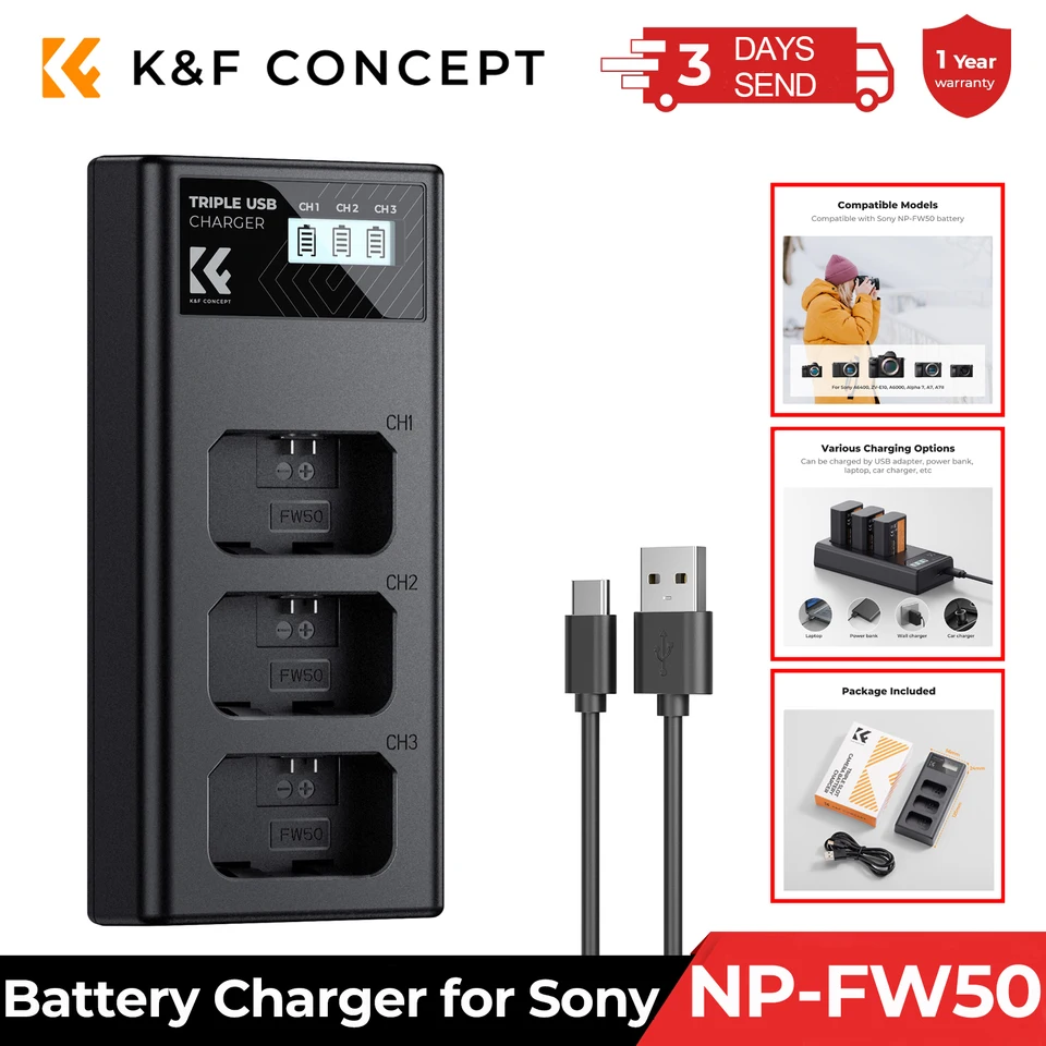 K & F Concept NP-FW50 nabíjačka 3-slot zv-e10 nabíjačka s LCD displejom pre kamery Sony A6400 A6600 ZV-E10 A7 A7II kamery