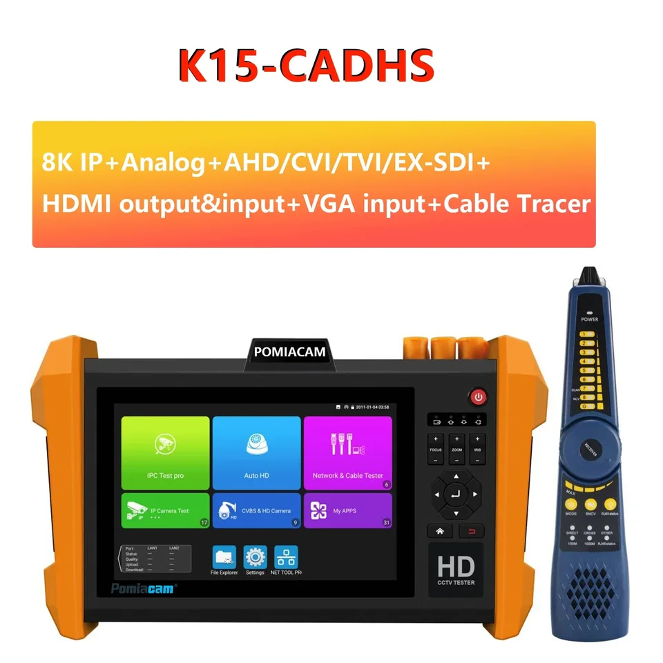 K15-CADHS CCTV Tester Tester Tester Camera 7 palcov IPS dotyková obrazovka 8k testovacia kamera 8MP AHD CVI TVI SDI CVBS Test VGA a HDMI Vstup