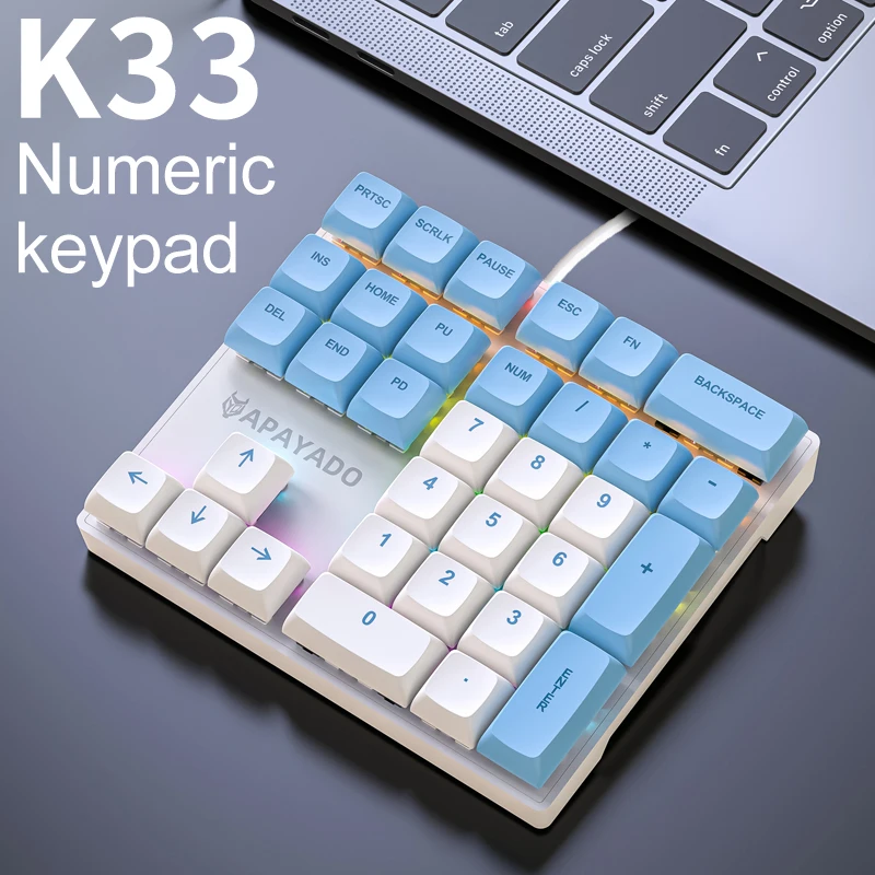 K33 Numeric Keypad Wired Apayado 33key Mini Mechanical Numeric Keyboard, farebné osvetlenie pre financie, účtovní pracovníci
