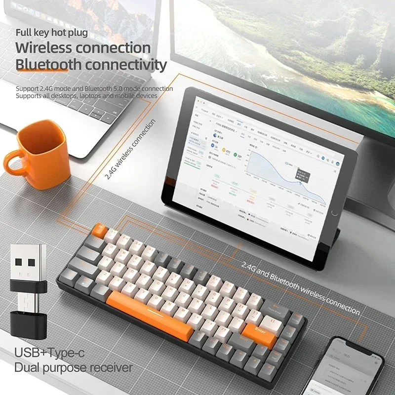 K68 2.4g/BT5.0 Wireless Gaming Mechanická klávesnica 68 klávesy Hotswap Mini Gaming Mechanická klávesnica PBT KeyCaps