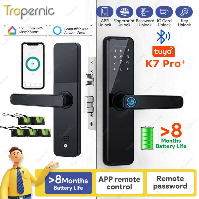 K7 PRO+ Biometrický odtlačok prsty Heslo karta Dvery Lock Black Smart Lock TUYA App BLE REMOLE ZOBRAZENIE KLYTY LOCK ELEKTRONIC
